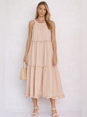 Hayden Blush Tiered Midi Dress Small Soft Boho Romantic Flowy Dress